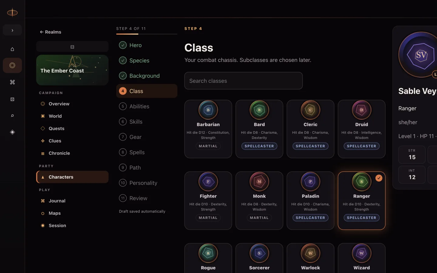 RealmFlare Character Creator with a live hero preview.