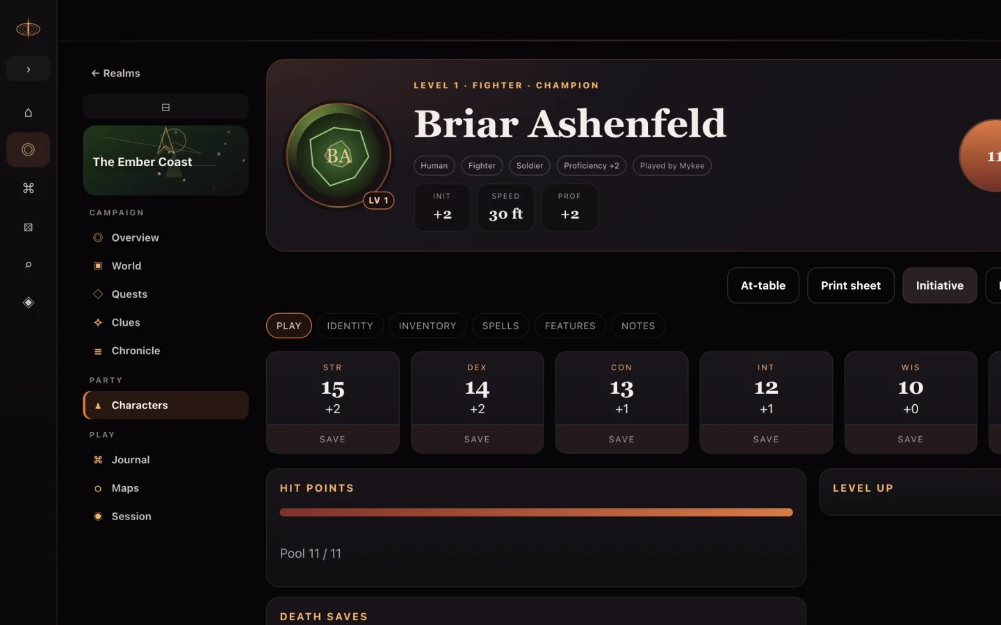 A RealmFlare character sheet with portrait, defences, and features.