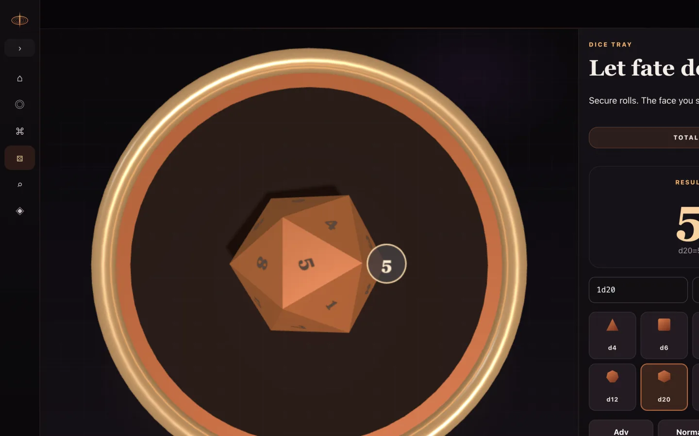 RealmFlare dice tray with three-dimensional dice in the ember theme.