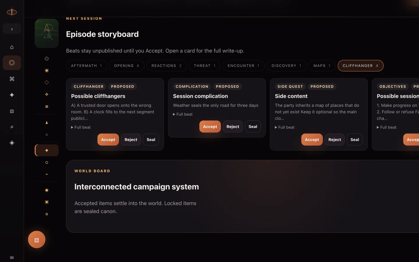 RealmFlare Forge with tone, structure, and session storyboard choices.