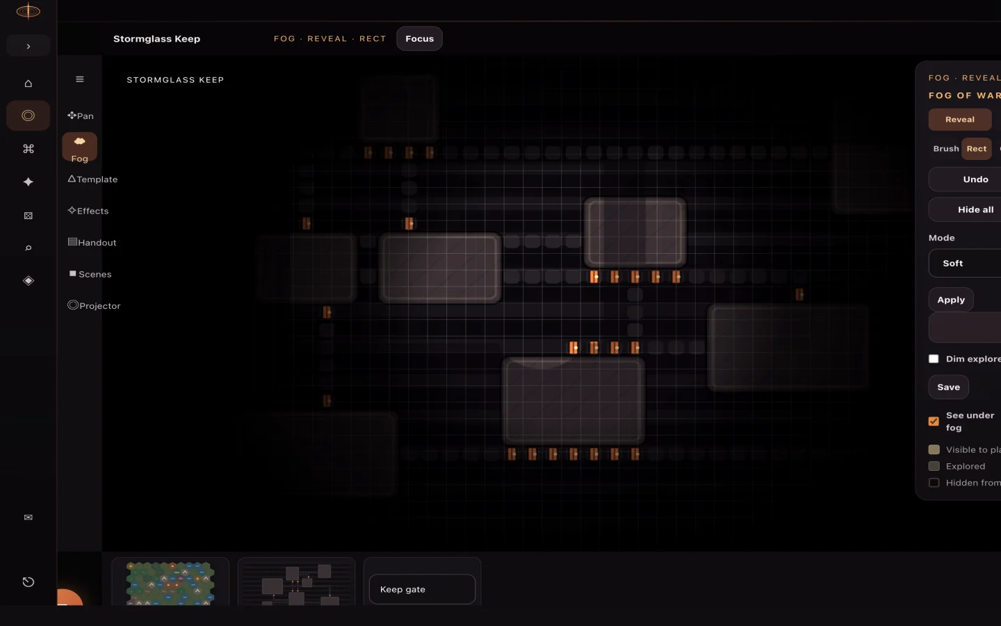 RealmFlare Table with fog tools and a scene map for physical play.